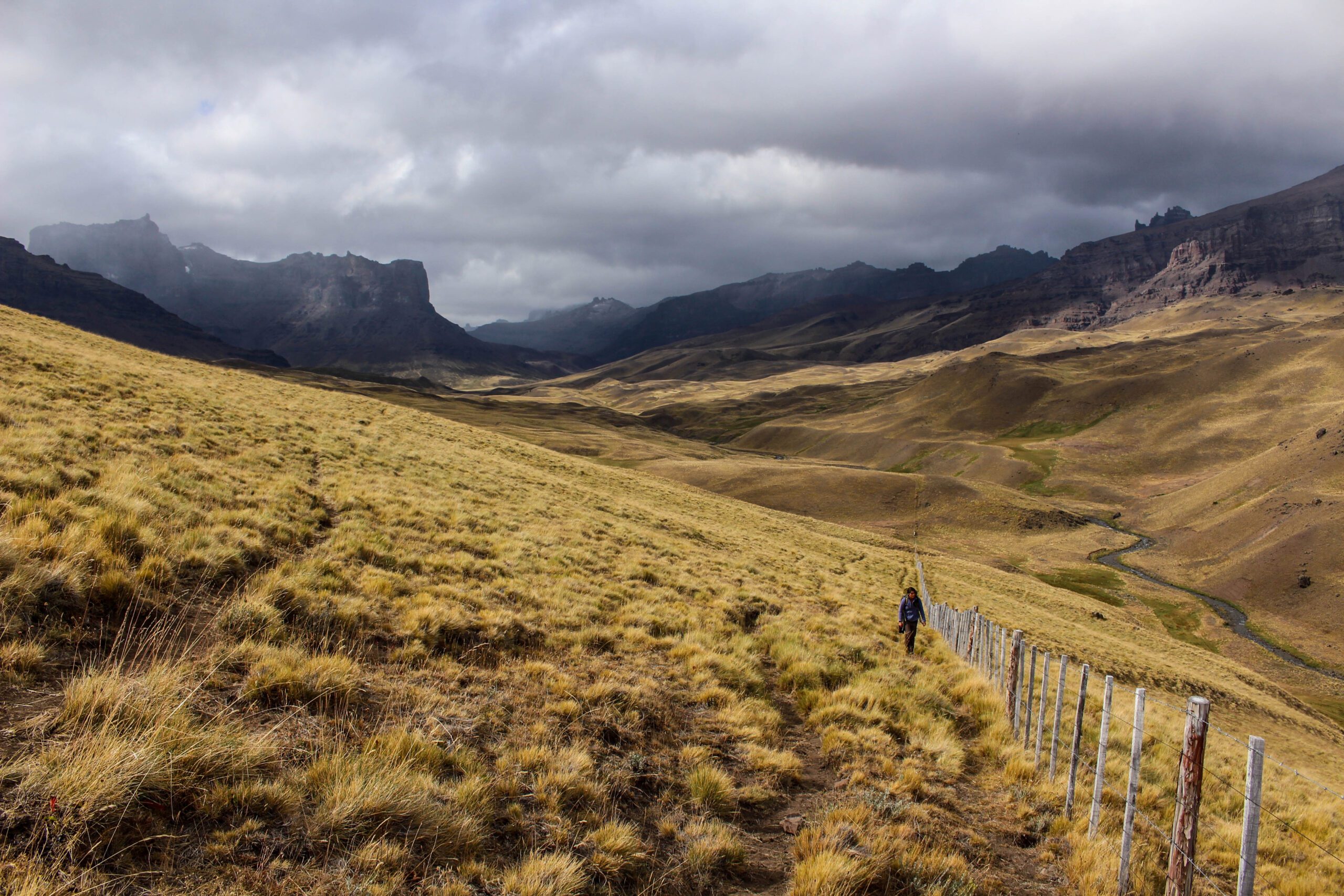 person hiking in the Baguales valley steppe with the mountain range in the back