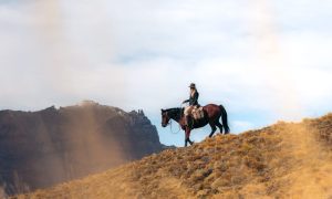 blond girl riding at the baguales mountains