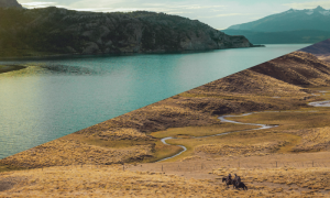 Fjords and Highlands, half of photo of steppe with the other half of a fjord